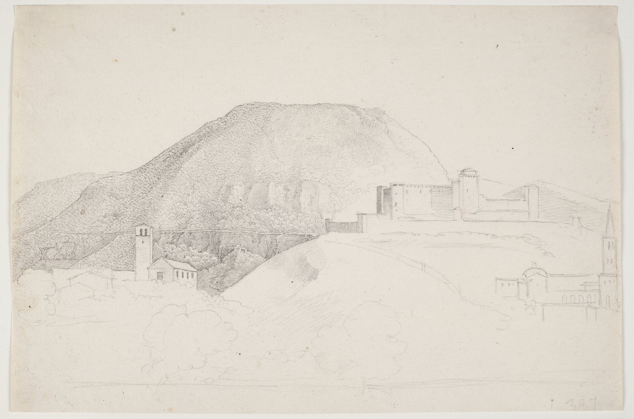 Landschaftsstudie mit Berg und Gebäuden. Spoleto, Italien von J.L. Lund