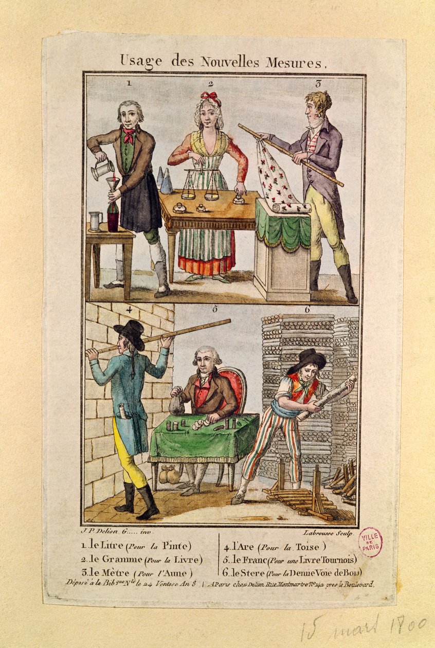 Verwendung der neuen Maße, graviert von Labrousse, 1795 von J.P. Delion