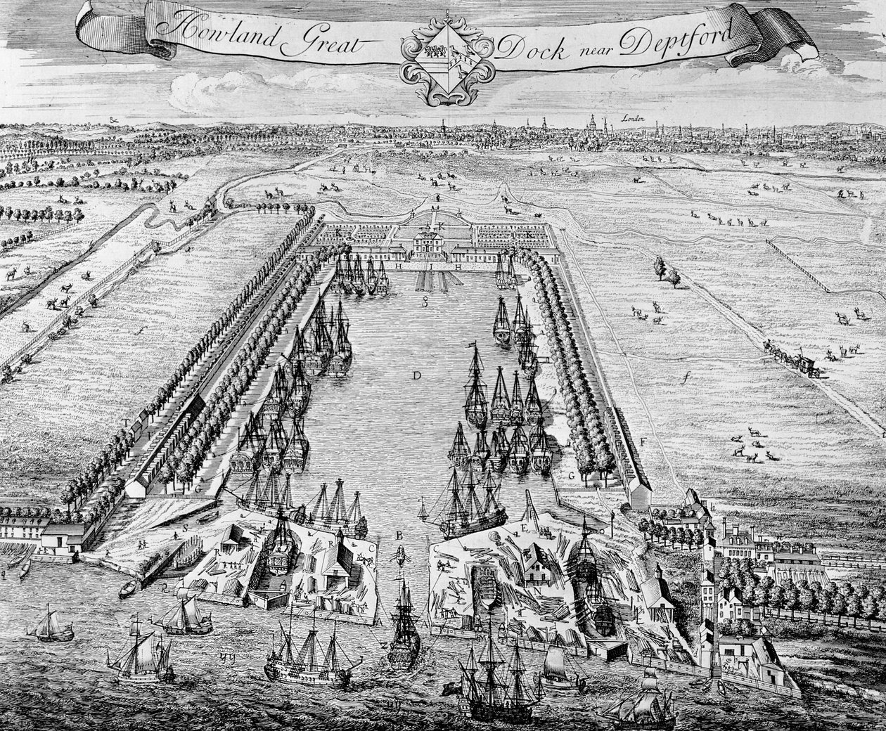 Howland Great Dock, nahe Deptford, ca. 1715-20 von J. Badslade