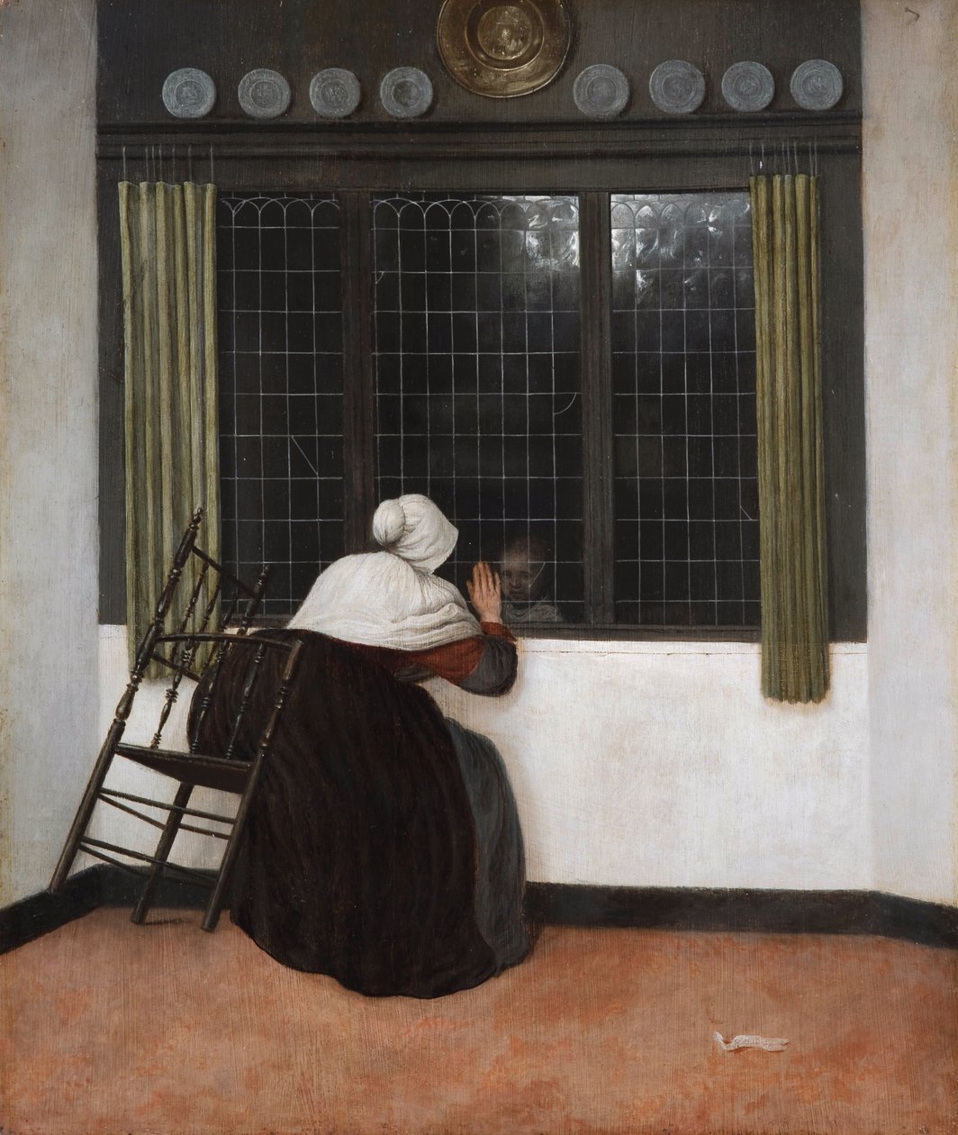 Frau am Fenster, die einem Mädchen zuwinkt von Jacob Vrel