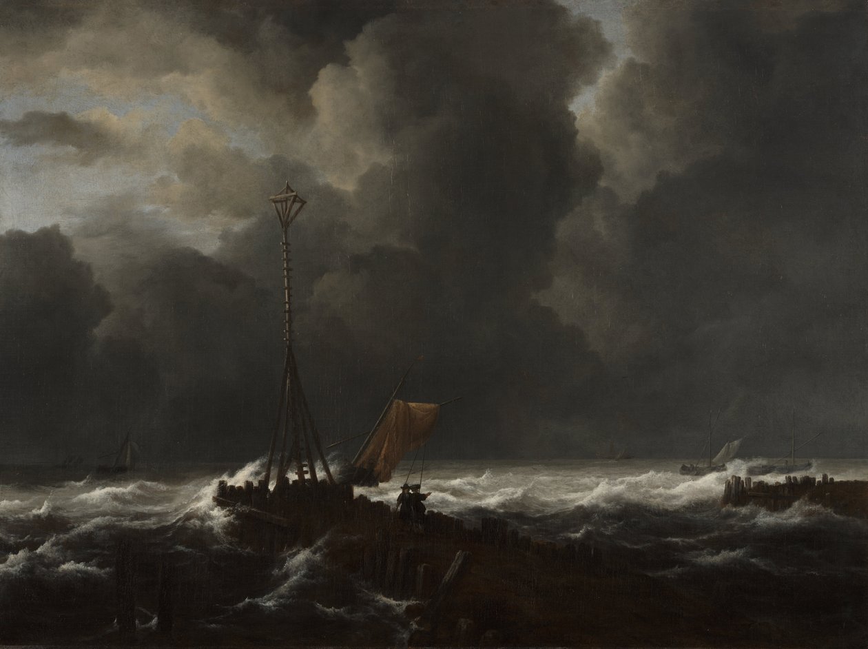 Stürmische See an einem Steg von Jacob van Ruisdael
