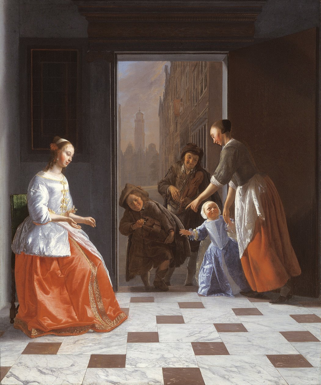 Straßenmusiker an der Tür von Jacob Ochtervelt