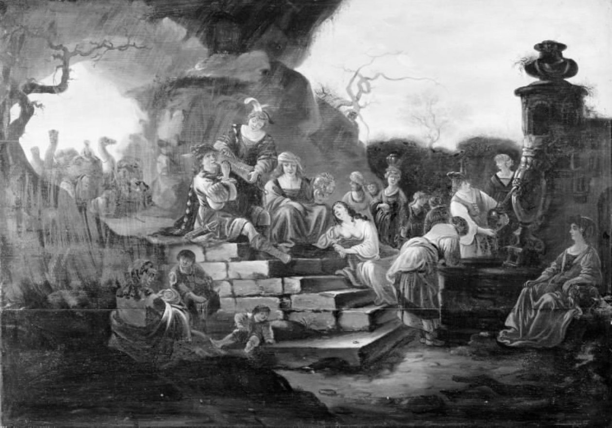 Fröhliche Gesellschaft an einem Brunnen von Jacob de Wet d.Æ.
