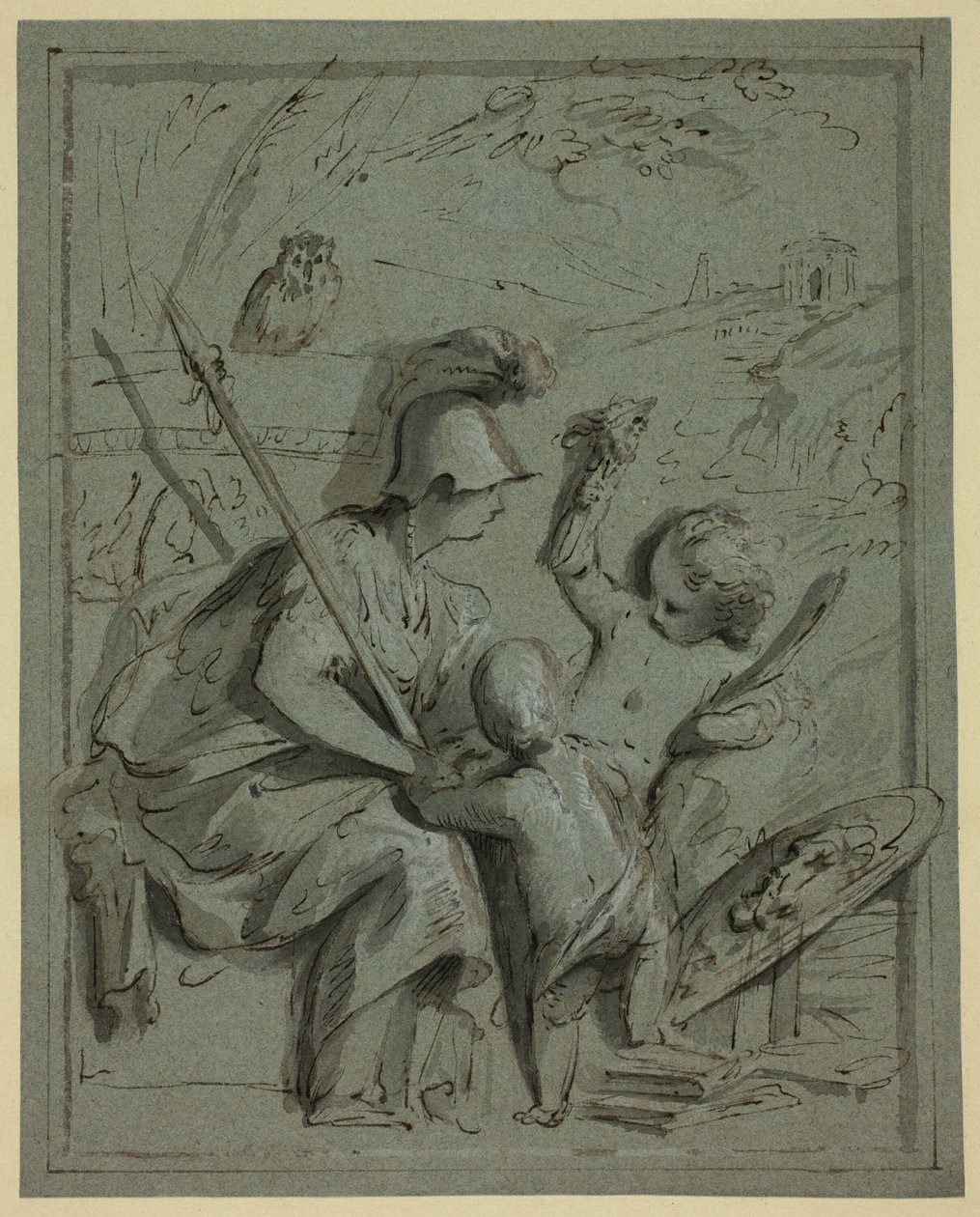 Minerva mit zwei Putti von Jacob de Wit