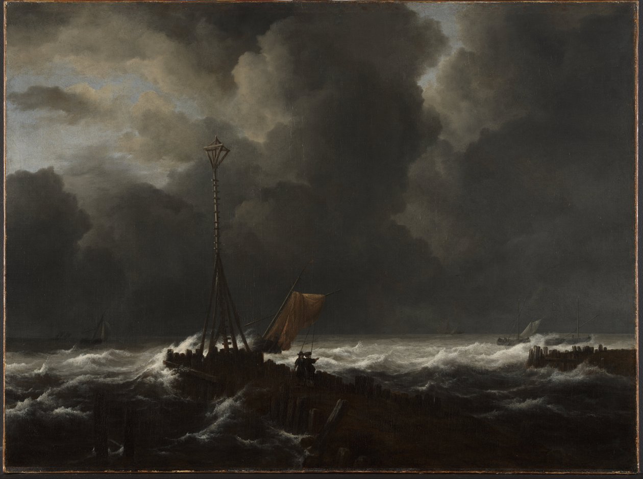 Stürmische See an einem Steg von Jacob van Ruisdael