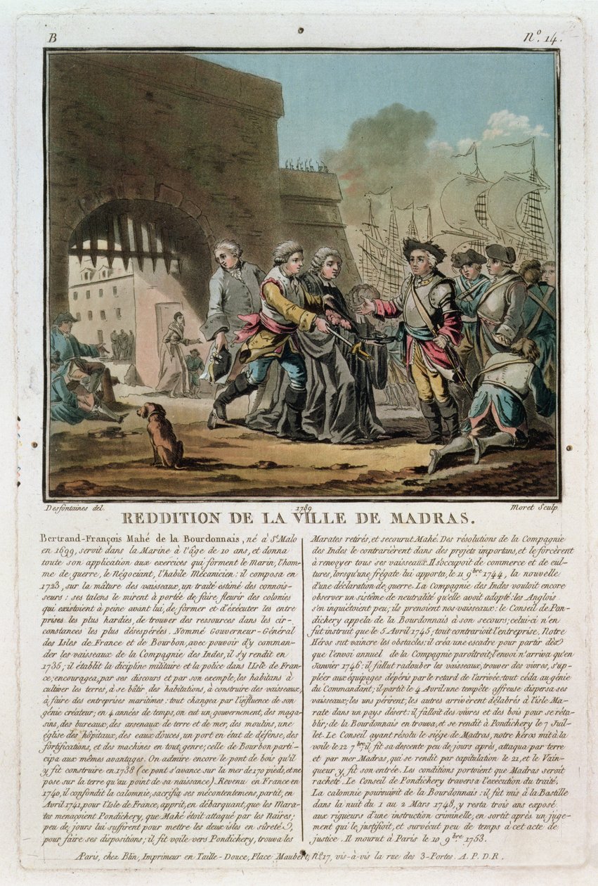 Übergabe der Stadt Madras, 1746, graviert von Jean Baptiste Morret (f.1790-1820), 1789 von Jacques Francois Joseph Swebach