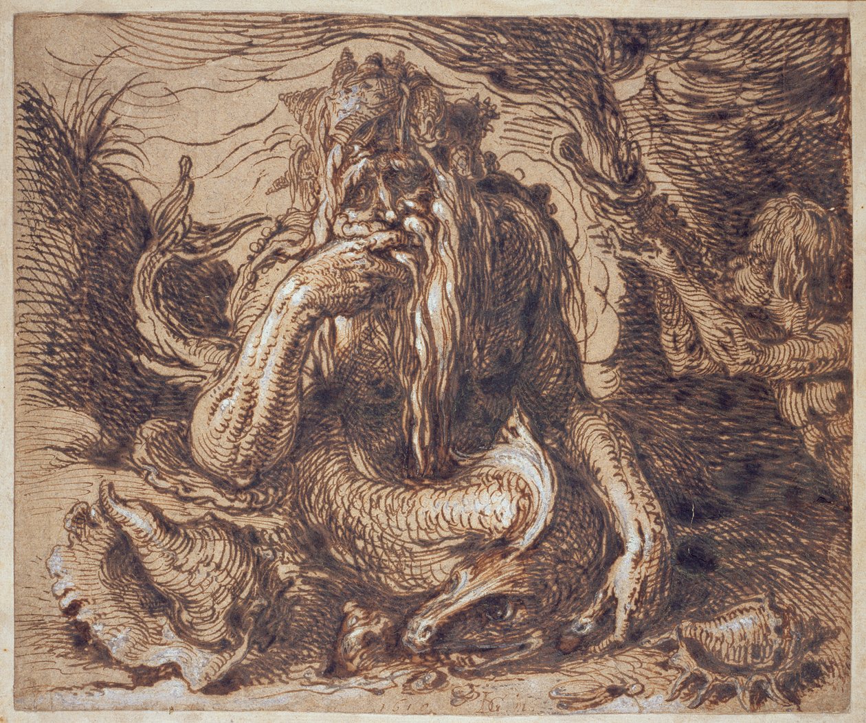 Neptun, 1610 (Feder und Tinte mit Gouache auf Papier) von Jacques II de Gheyn
