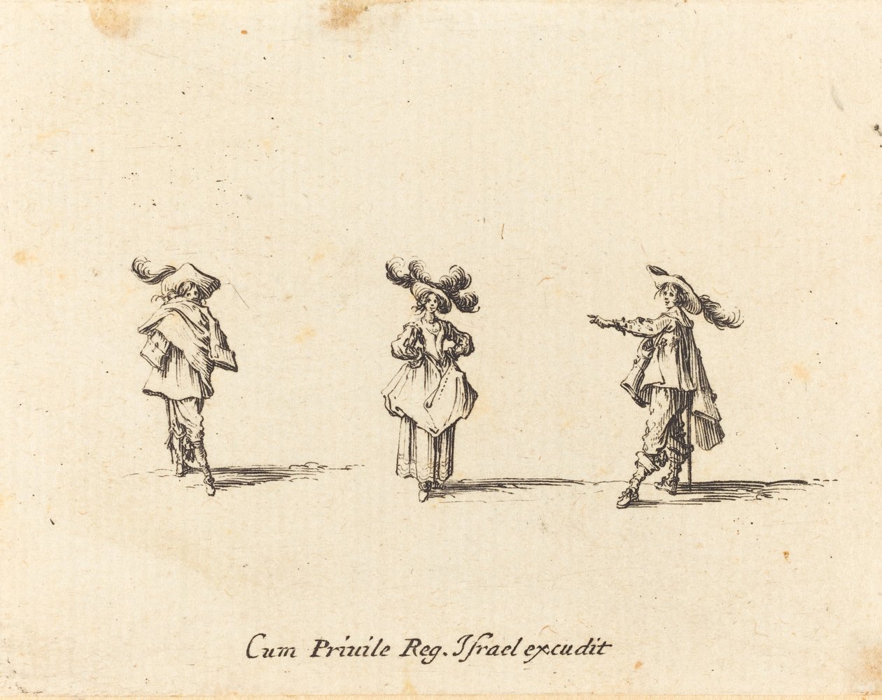 Dame mit großen Federn und zwei Herren von Jacques Callot