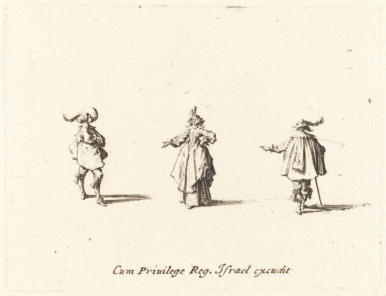 Dame mit ausgestrecktem Arm und zwei Herren von Jacques Callot