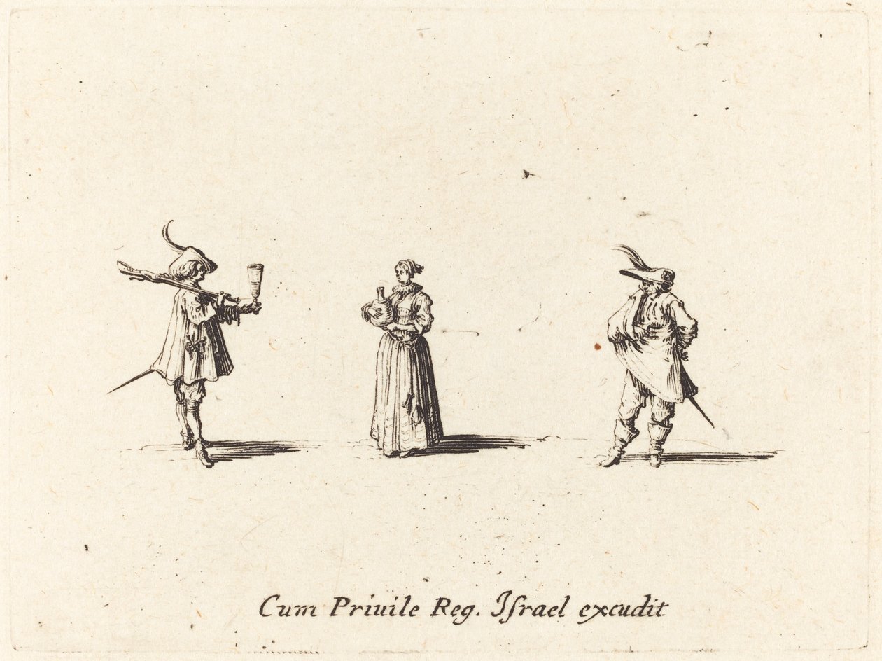 Dame mit Weinflasche und zwei Herren von Jacques Callot