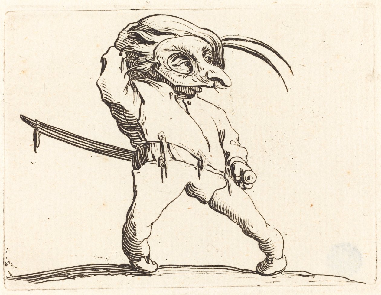 Maskierter Mann mit verdrehten Füßen, ca. 1622 von Jacques Callot