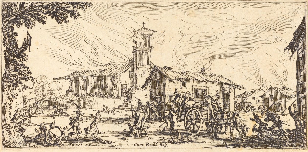 Plünderung und Brandstiftung eines Dorfes, ca. 1633 von Jacques Callot