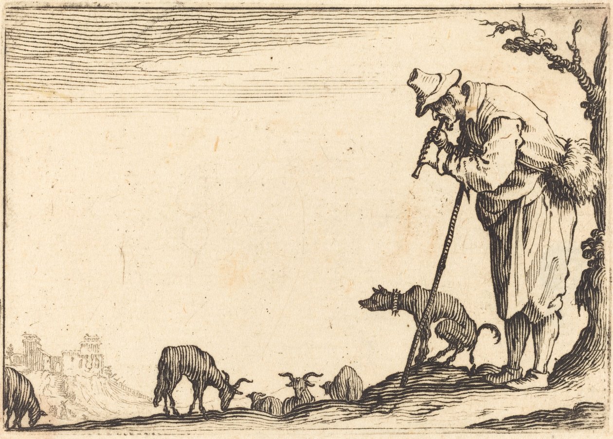Hirte spielt Flöte, um 1617 von Jacques Callot