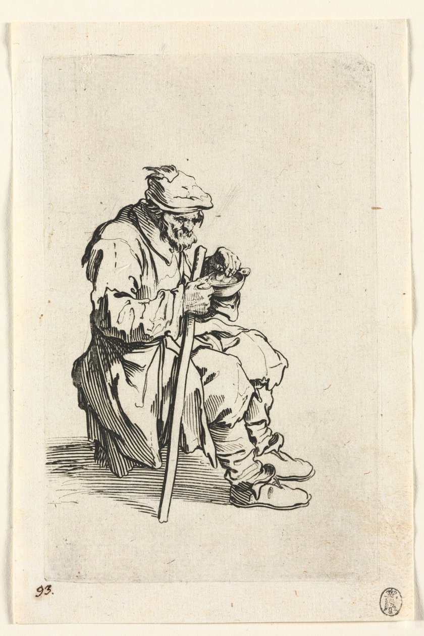 Die Bettler: Bettler sitzt und isst von Jacques Callot