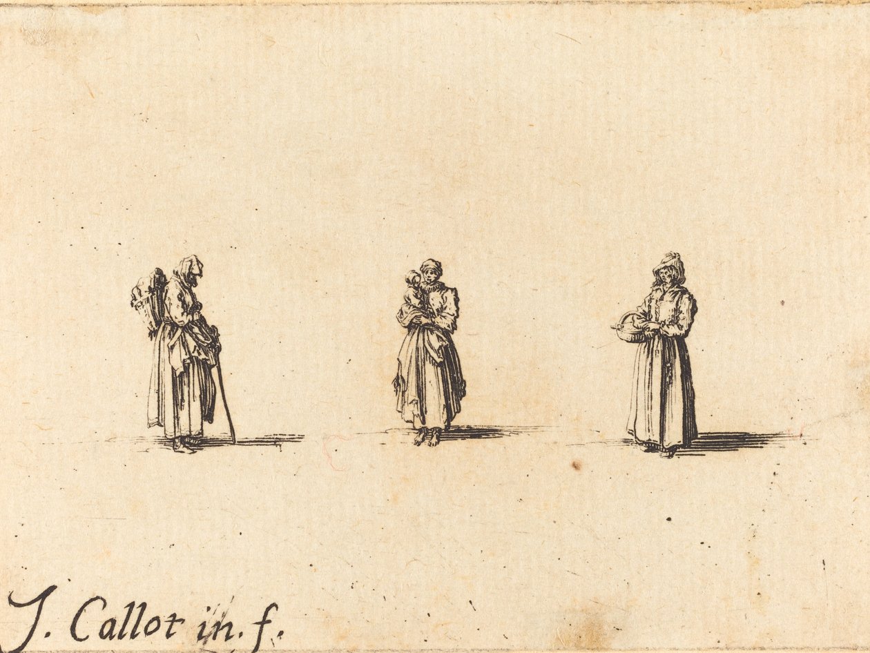 Drei Frauen, eine hält ein Kind von Jacques Callot