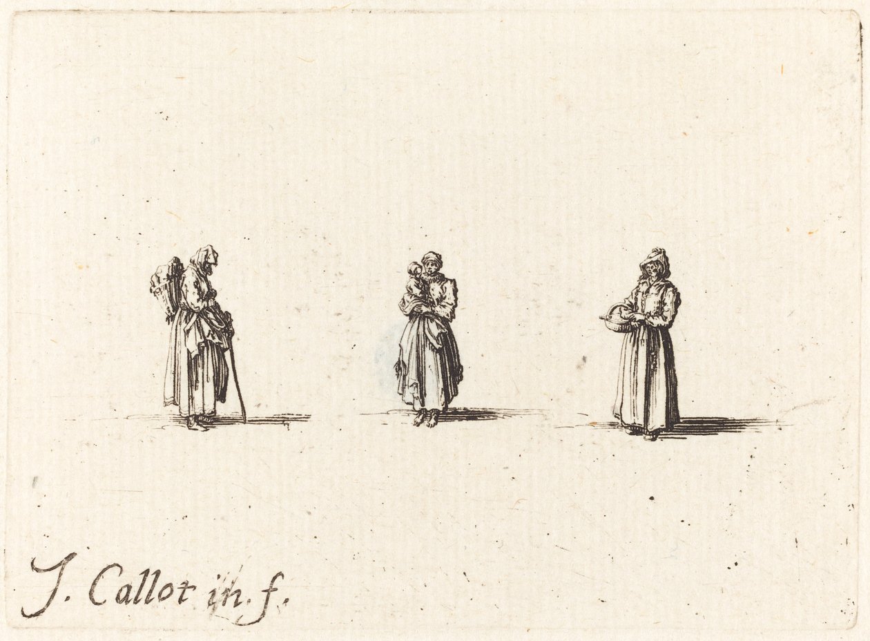 Drei Frauen, eine hält ein Kind von Jacques Callot