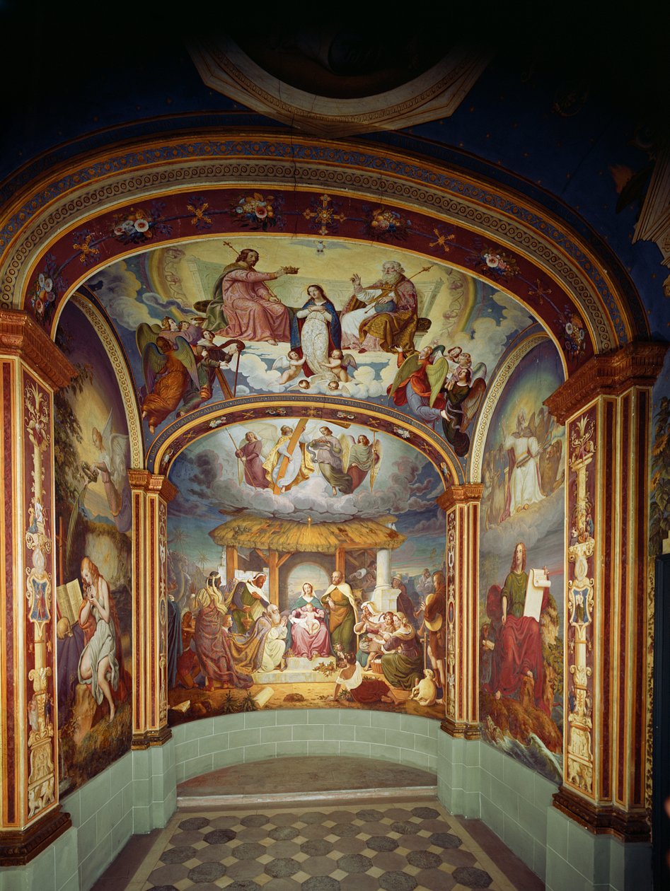 Die Geburt Christi, flankiert von der Heiligen Maria Magdalena und dem Heiligen Johannes dem Evangelisten, um 1842 von Jakob Goetzenberger