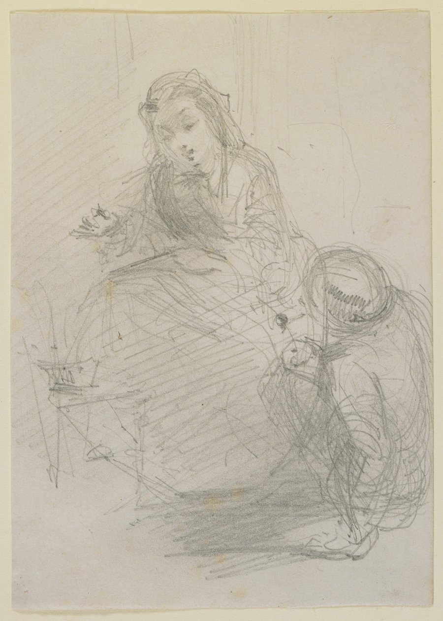Zwei Figuren: ein Mädchen sitzt und ein Mann liegt zu ihrer Linken, ca. 1855-59 (Bleistift auf cremefarbenem Papier) von James Abbott McNeill Whistler