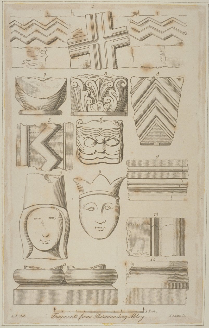 Fragmente von Steinschnitzereien aus der Abtei St. Saviour in Bermondsey von James Basire