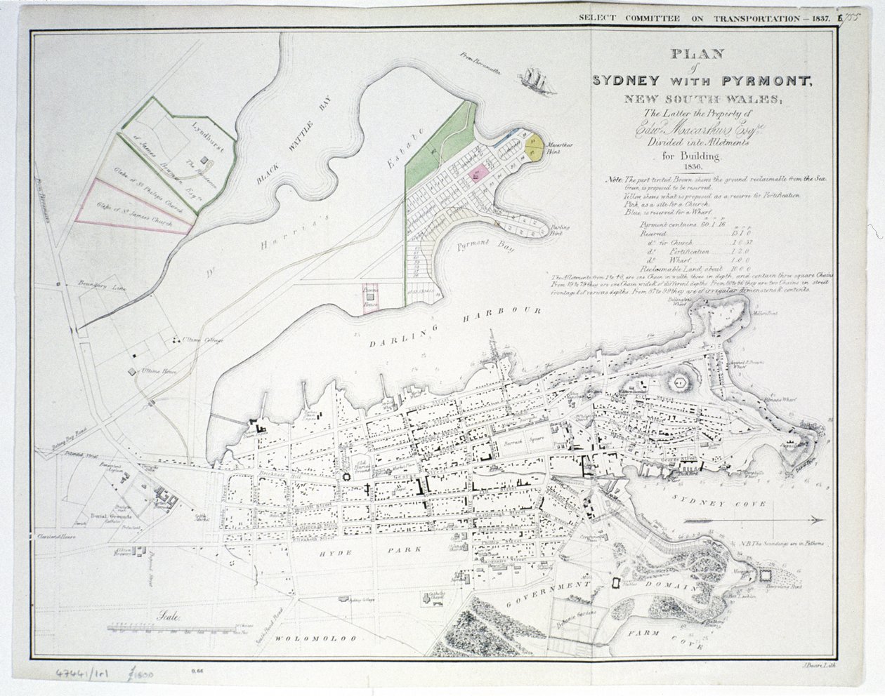 Plan von Sydney mit Pyrmont, New South Wales, letzteres das Eigentum von Edward Macarthure Esquire, unterteilt in Baugrundstücke, 1836, veröffentlicht von James und Luke G. Hansard und Sons, London, 1837 von James Basire