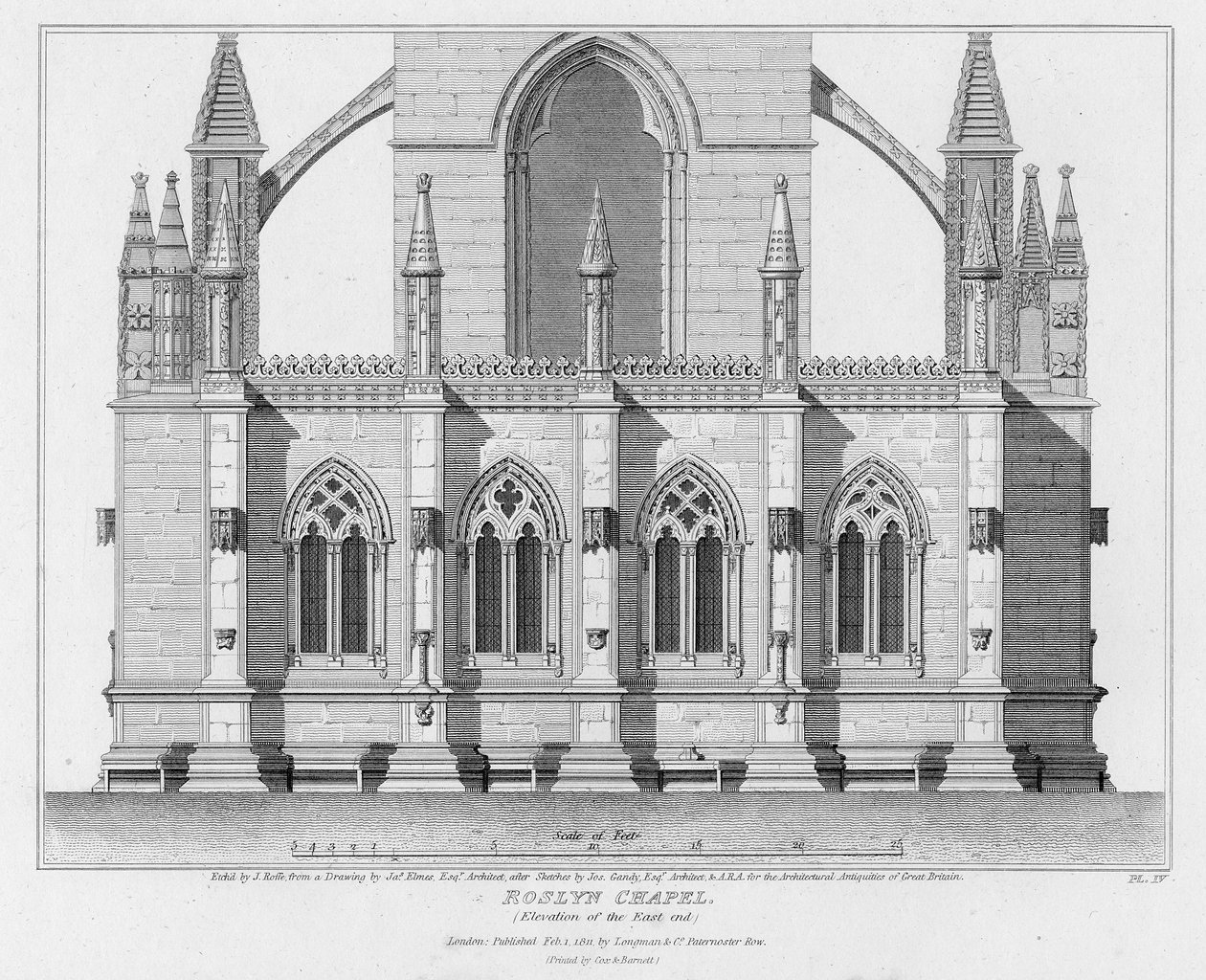 Roslyn Chapel, Erhebung des Ostendes, graviert von J. Roffe, 1811 von James Elmes
