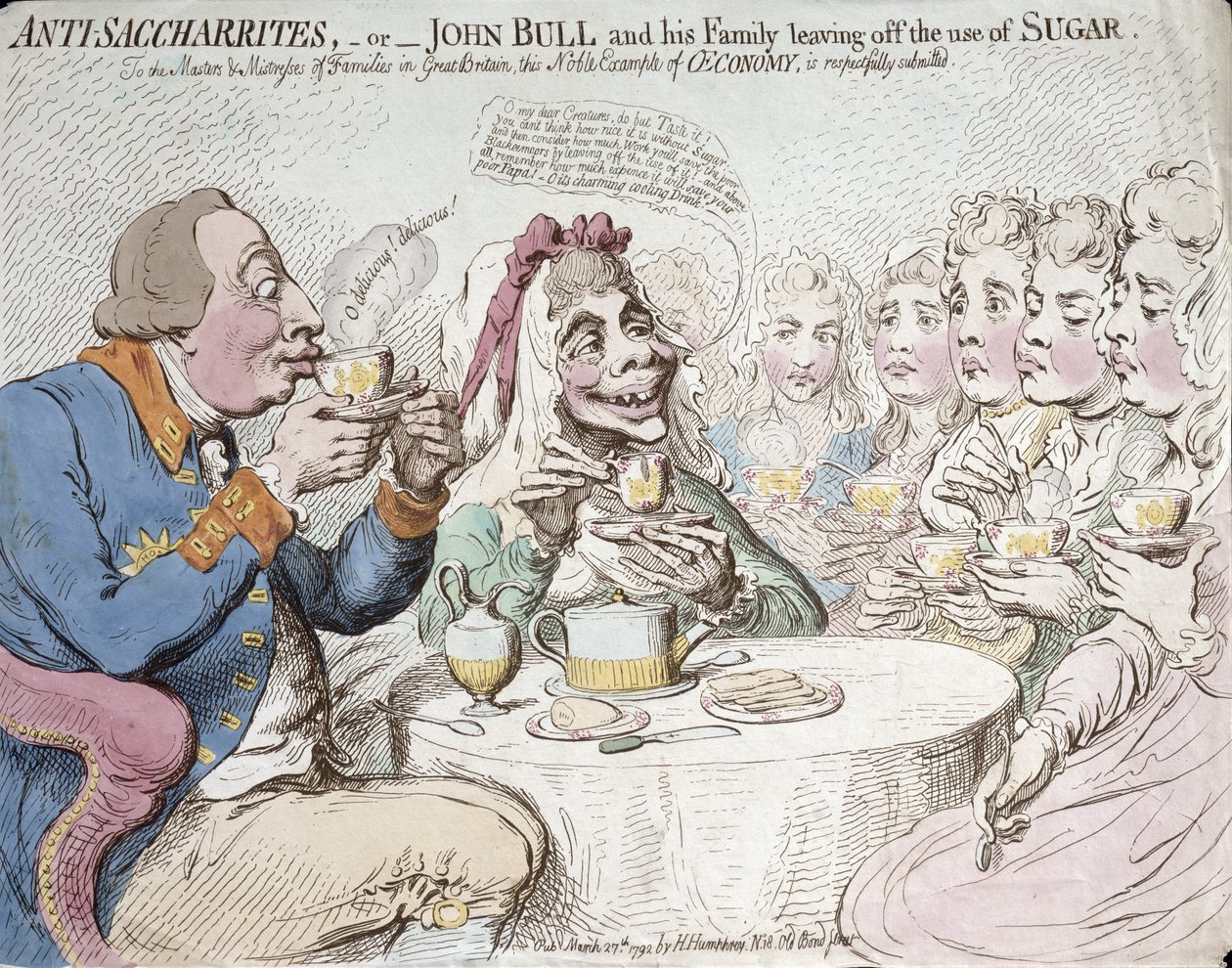 Anti-Saccharites, oder John Bull und seine Familie hören auf, Zucker zu verwenden, veröffentlicht von Hannah Humphrey im Jahr 1792 von James Gillray