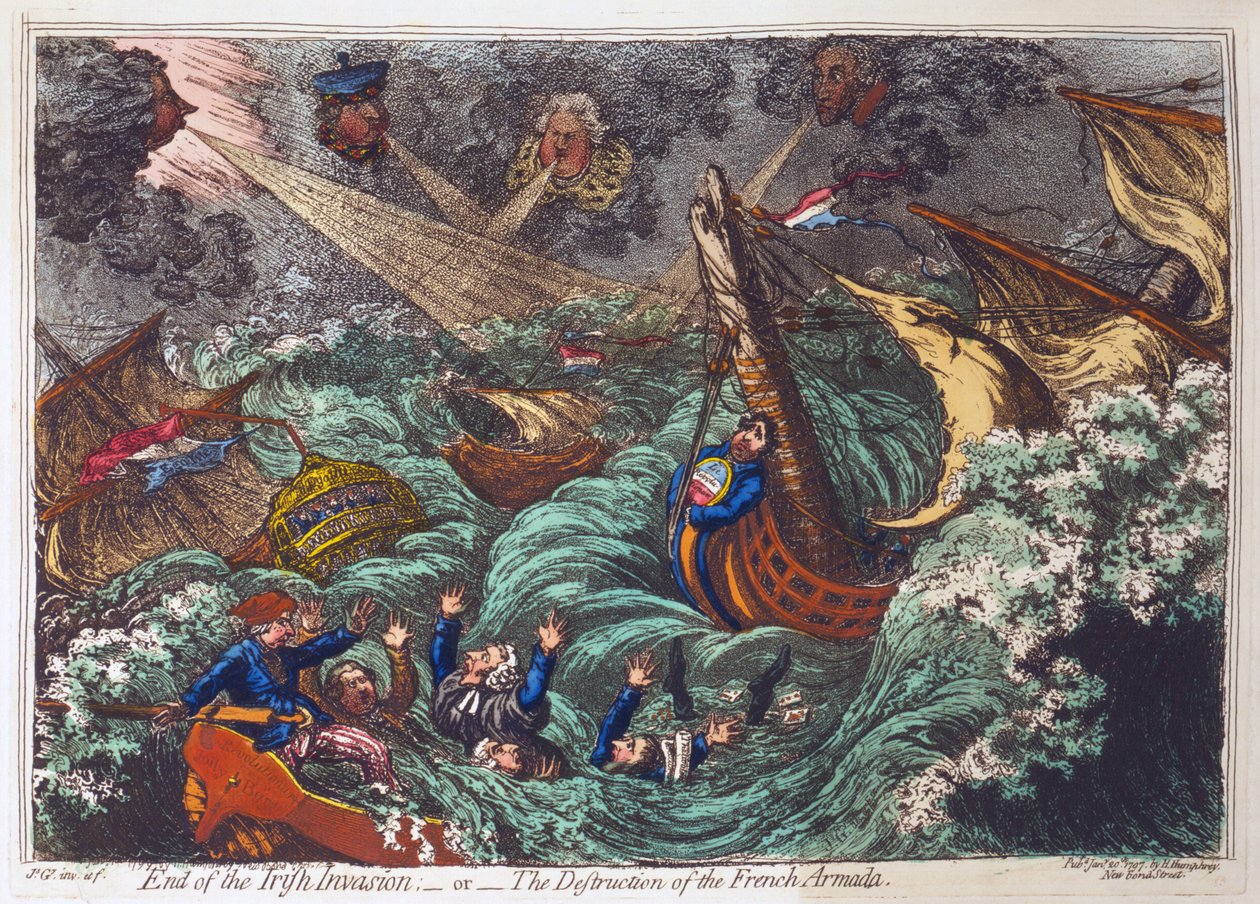 Ende der irischen Invasion oder die Zerstörung der französischen Armada von James Gillray