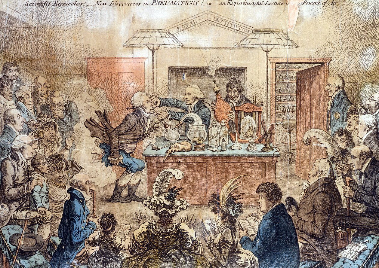 Wissenschaftliche Forschungen! Neue Entdeckungen in der Pneumatik! oder Ein experimenteller Vortrag über die Kräfte der Luft, Karikatur eines Vortrags an der Royal Institution, der die Wirkung von Lachgas demonstriert von James Gillray