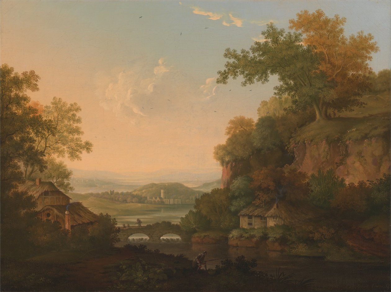 Flusslandschaft mit strohgedeckten Hütten an einer Brücke über ein Wehr von James Lambert  of Lewes