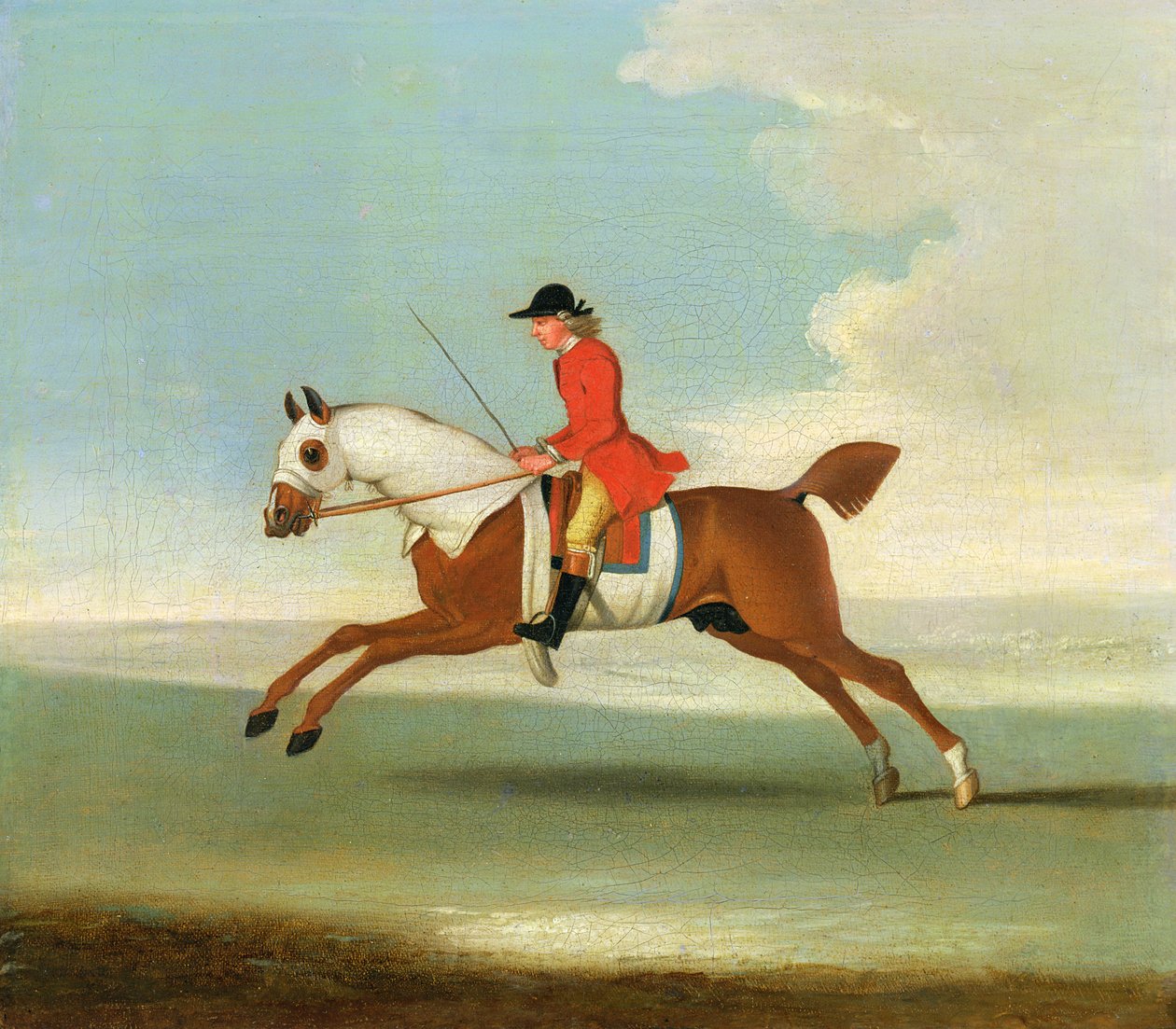 Galoppierendes Rennpferd und berittener Jockey in Rot von James Seymour