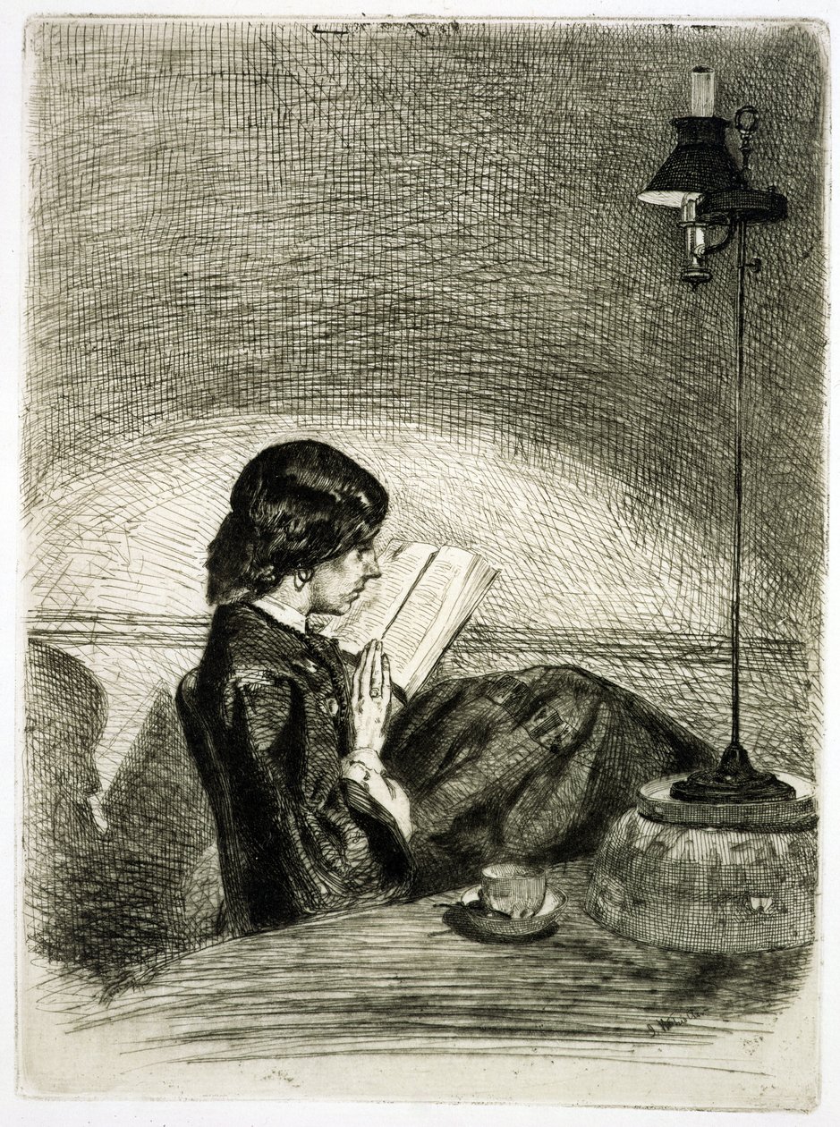 Lesen bei Lampenlicht, 1858 von James Abbott McNeill Whistler