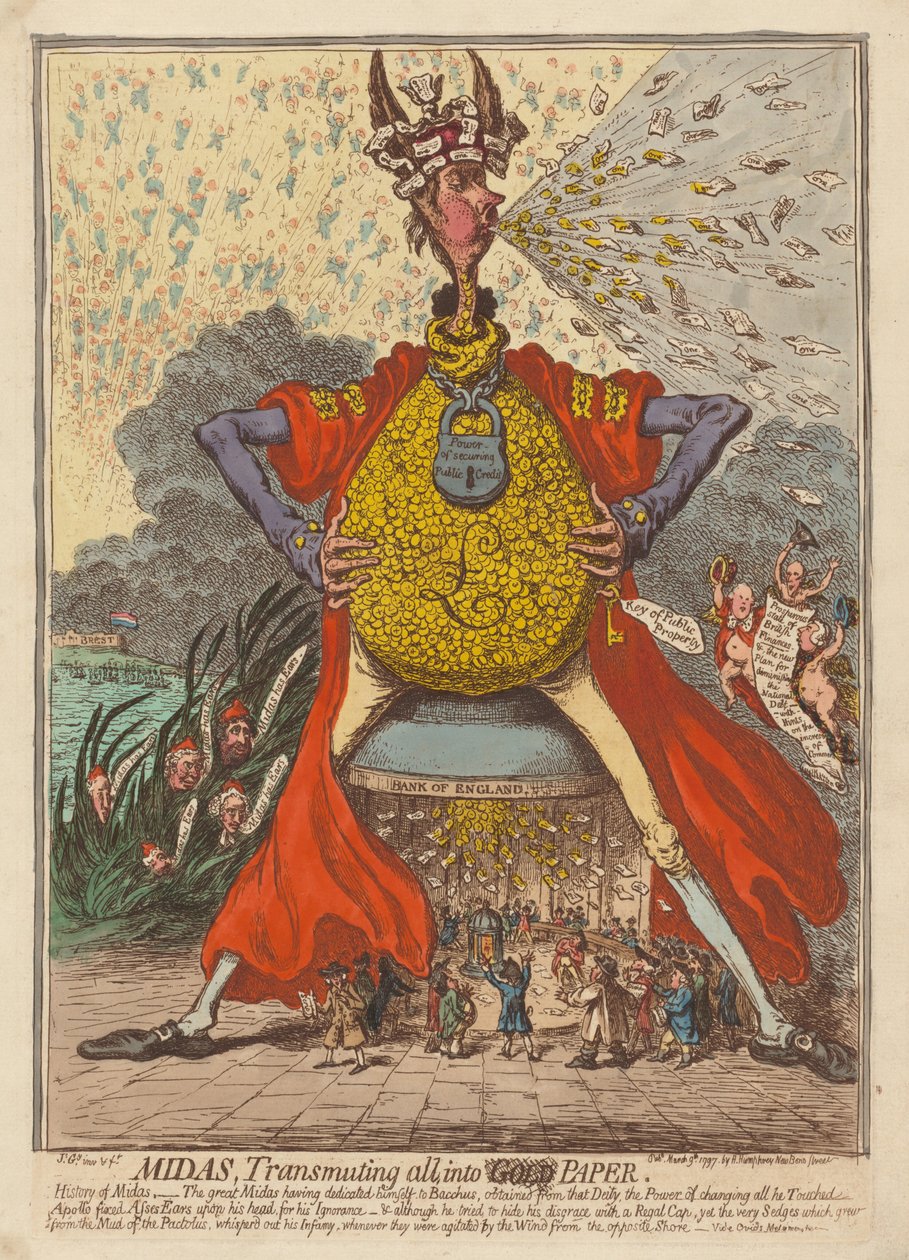 Midas, alles in Papier verwandelnd von James Gillray