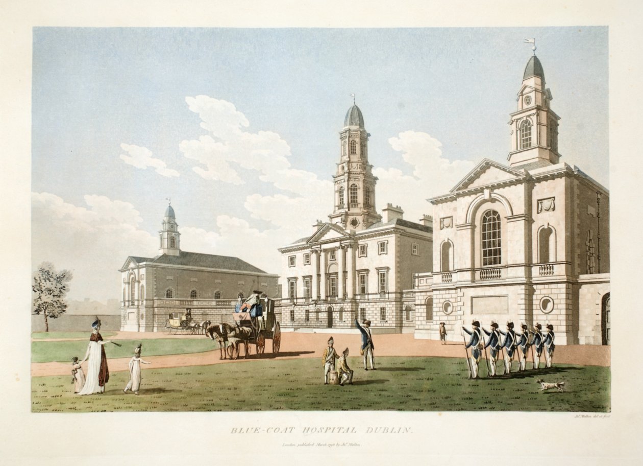 Blue-coat Hospital, Dublin, 1798 (handkolorierter Stich) von James Malton