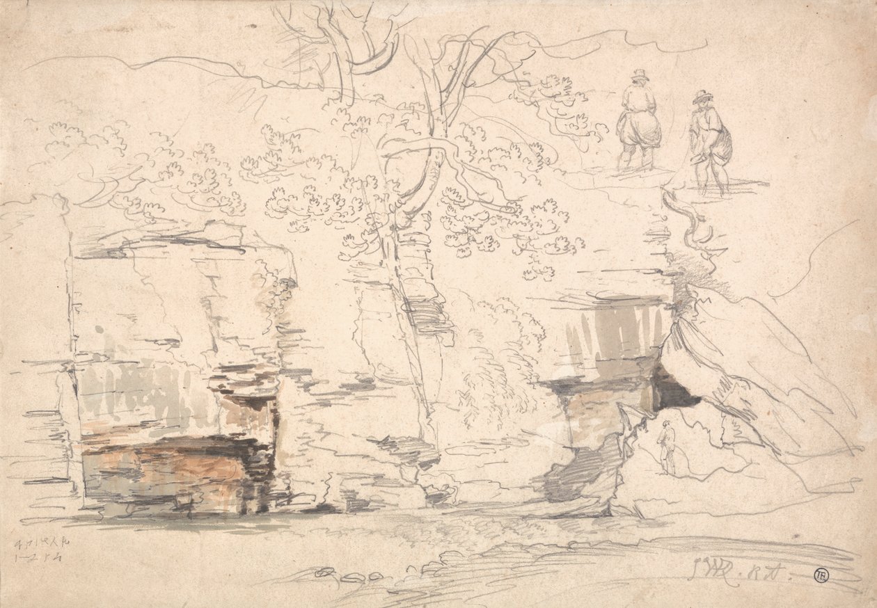 Ein felsiger Hang mit Bäumen und Figuren von James Ward