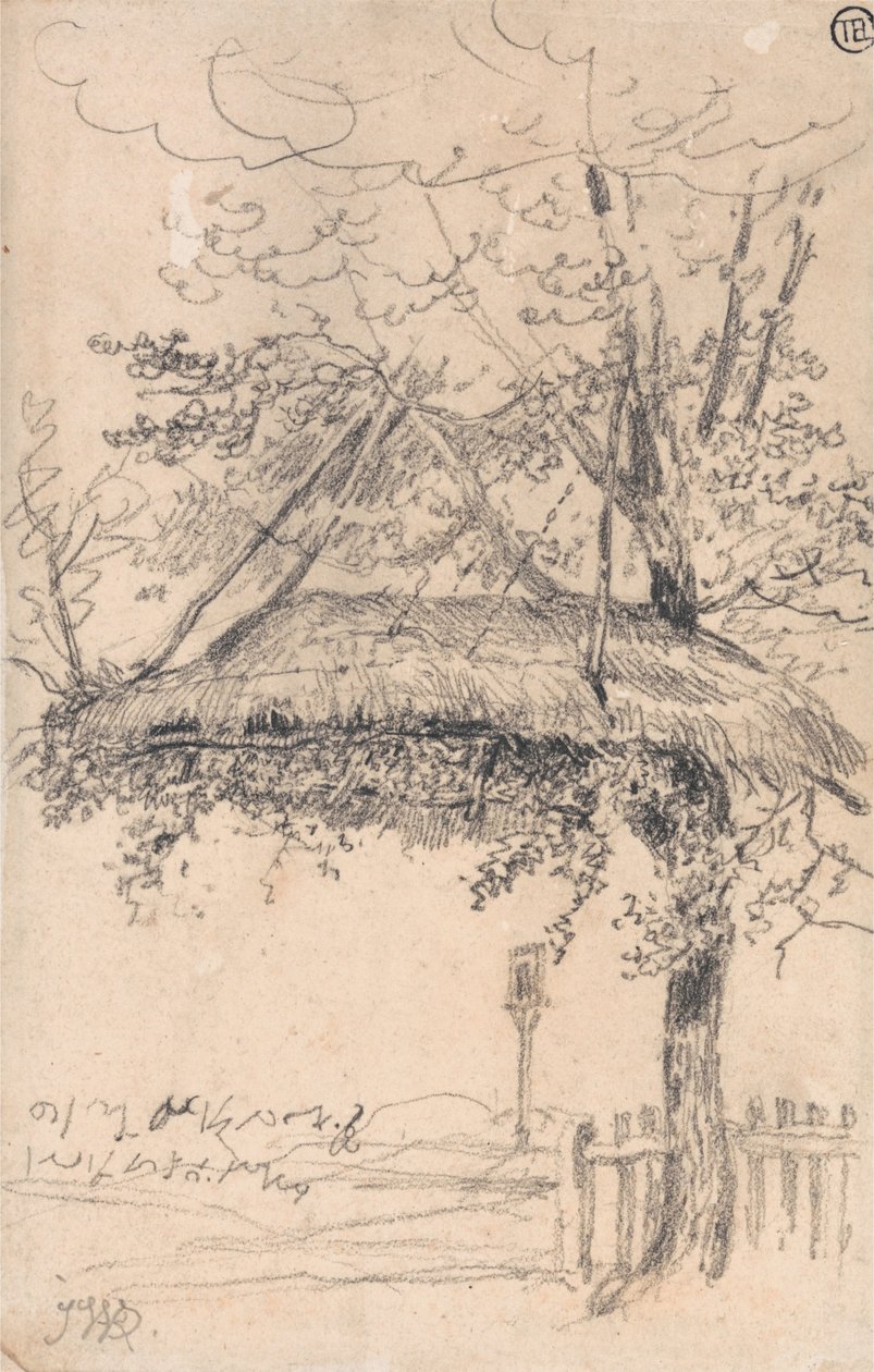 Ein strohgedeckter Unterstand, der an einem Baum hängt von James Ward