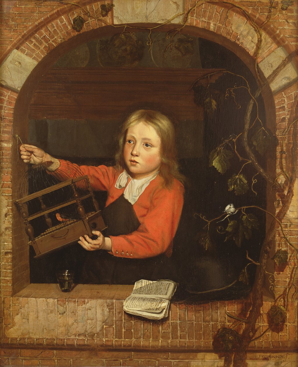Junger Junge mit einem Vogelkäfig von Jan Adriaensz van Staveren