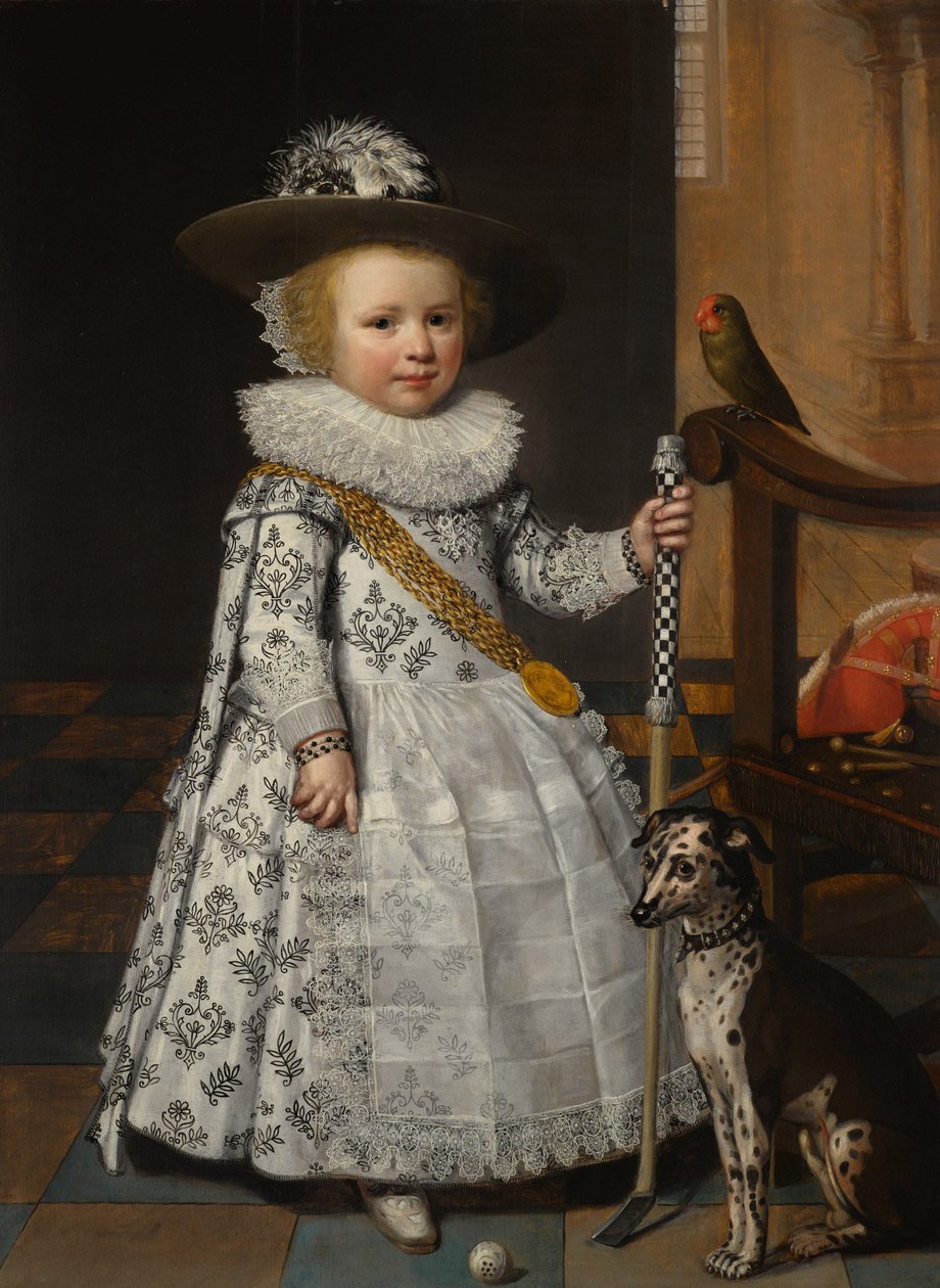 Porträt eines jungen Jungen mit einem Golfschläger und Ball von Jan Anthonisz. van Ravesteyn