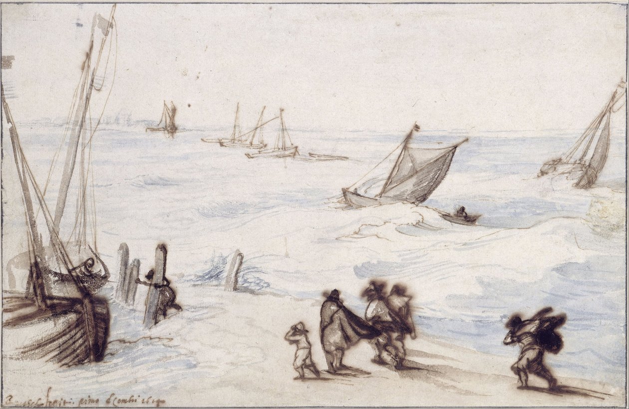Strand mit Segelbooten und stürmischer See von Jan the Elder Brueghel