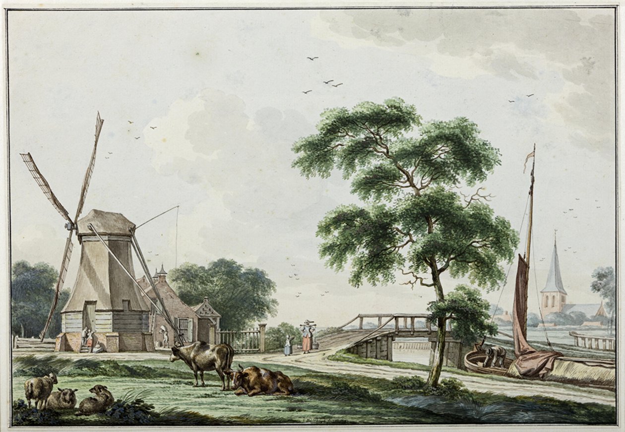 De Ulrumertil über die Treckfahrt mit Pelmühle und im Hintergrund die Kirche von Ulrum von Jan Bulthuis