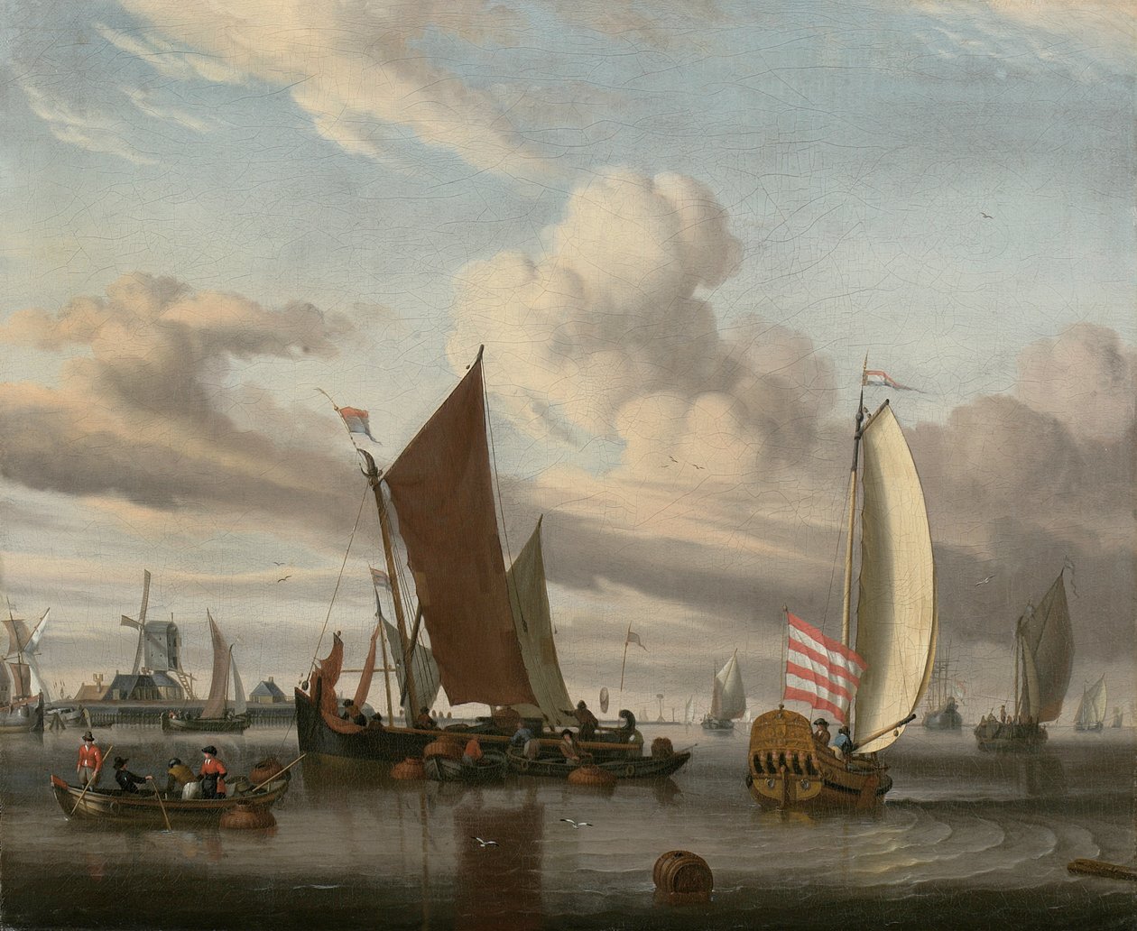 Schiffe in ruhiger See vor einem Steg von Jan Claesz Rietschoof