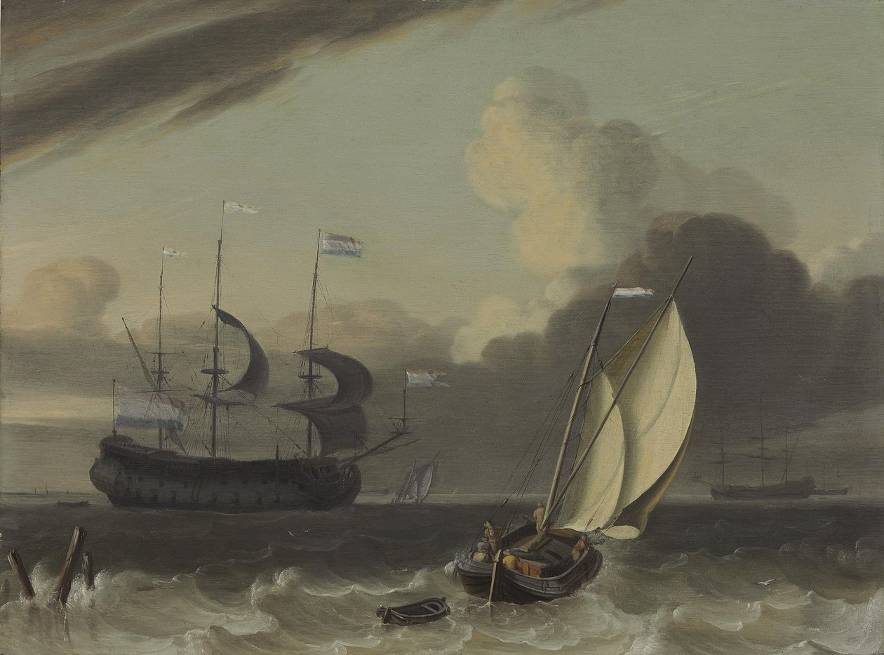 Ein niederländischer Kaufmann und eine Spritsail-Barke im Wind von Jan Claesz Rietschoof