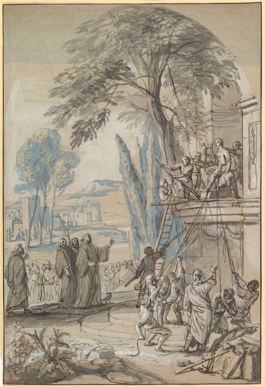 Benedikt von Nursia befiehlt die Zerstörung des Apollo-Tempels in Monte Cassino von Jan Erasmus Quellinus