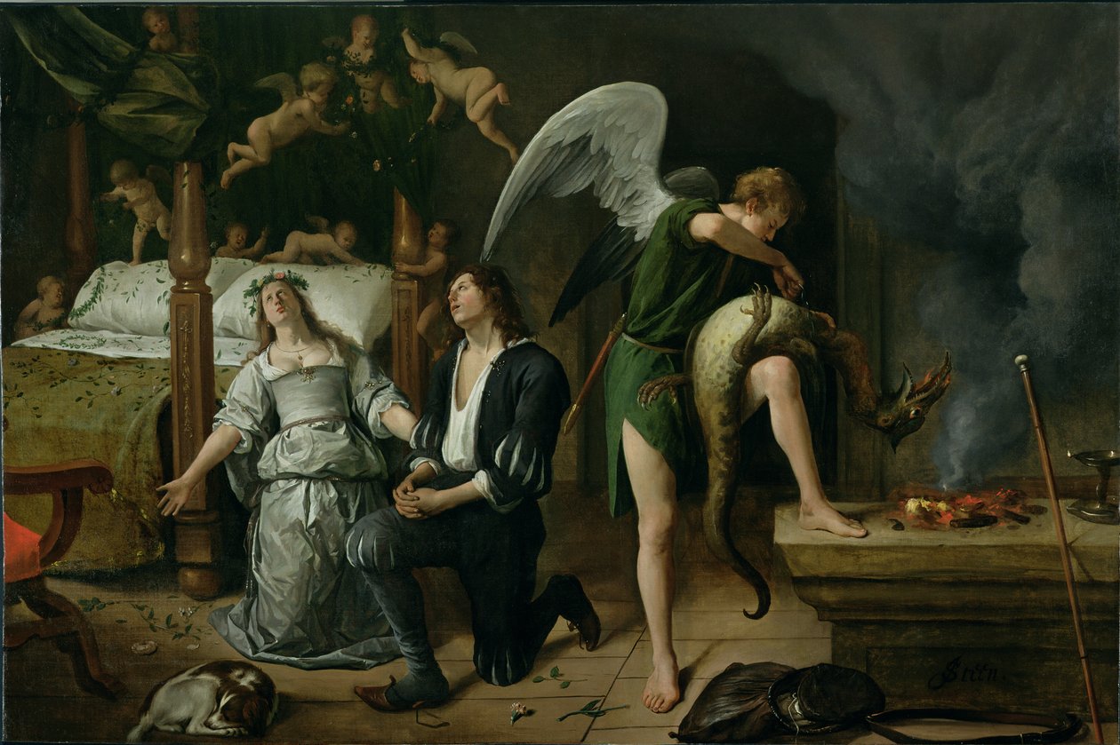 Tobias und Sarah mit dem Erzengel Raphael, der den Dämon Asmodeus exorziert, restaurierte Version (wieder zusammengesetzt aus zwei getrennten Fragmenten) von Jan Havickszoon Steen