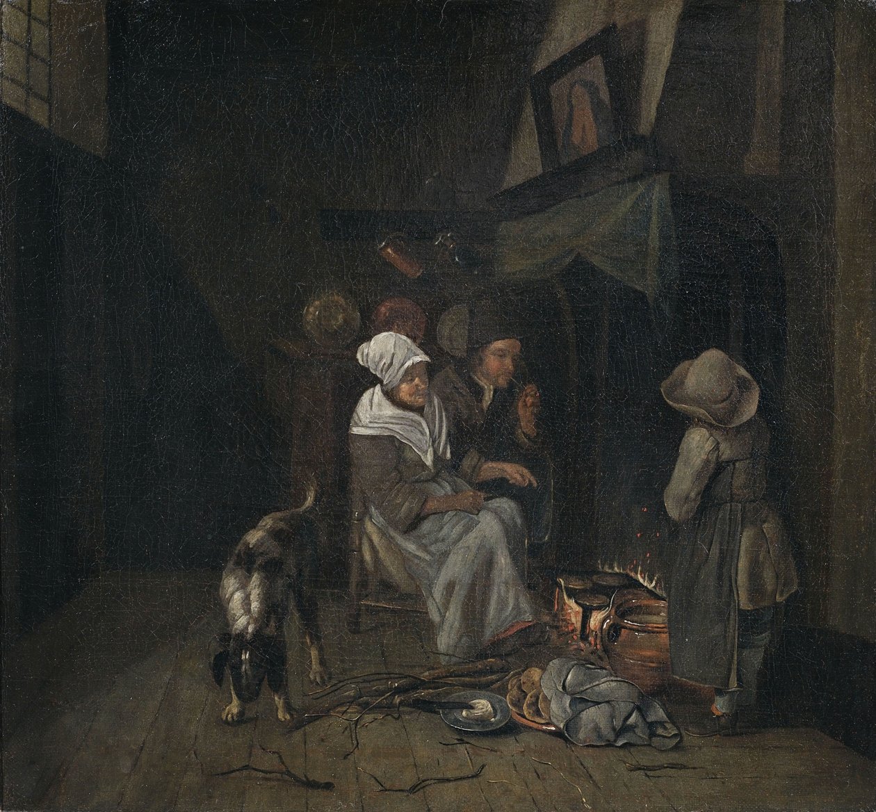 Kücheninterieur mit versammelter Familie beim Pfannkuchen backen von Jan Josef the Elder Horemans