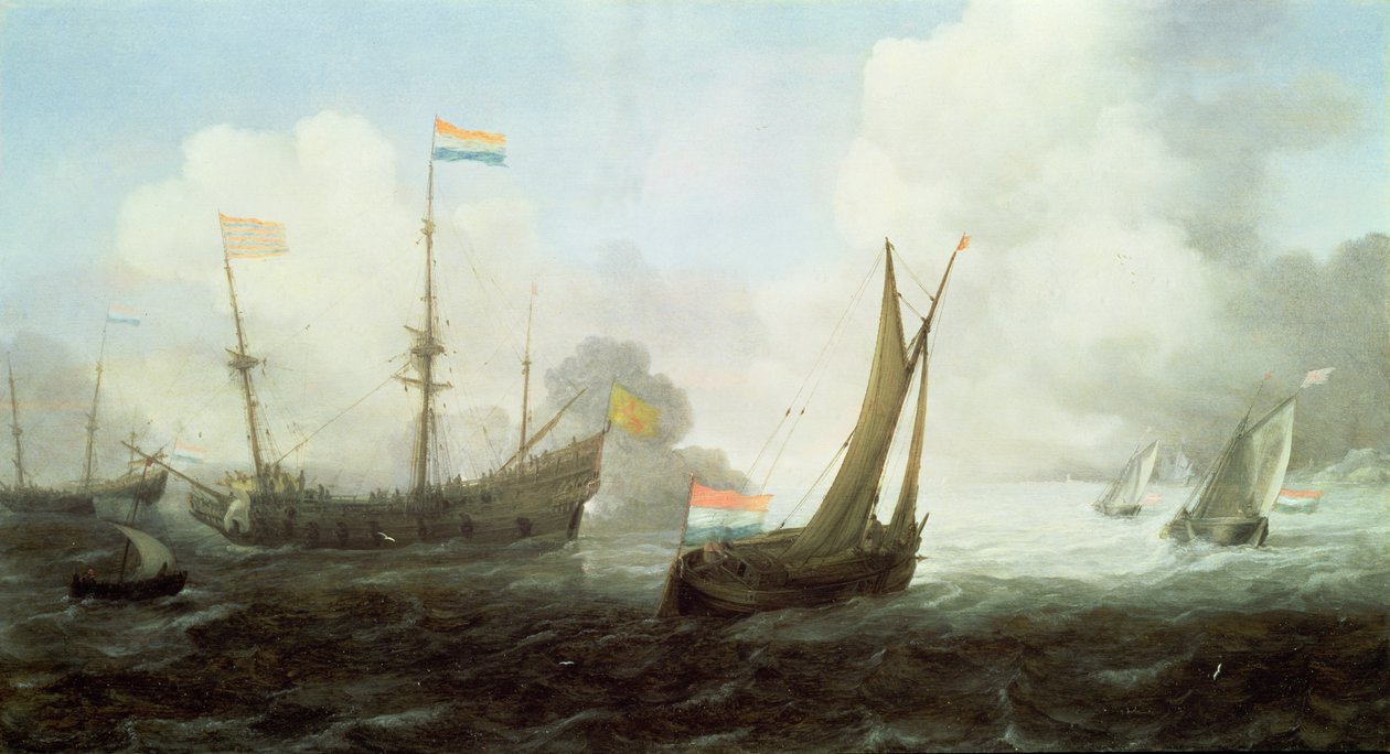 Kriegsschiff feuert Salut, 17. Jahrhundert von Jan Porcellis