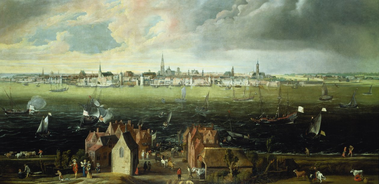 Blick auf Antwerpen vom Fluss Schelde von Jan Wildens