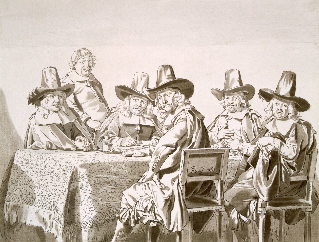 Sitzung eines Ausschusses von Stadtwürdenträgern oder ähnlichem im 17. Jahrhundert, um einen Tisch, aus dem Jahr 1663 von Jan de Bray