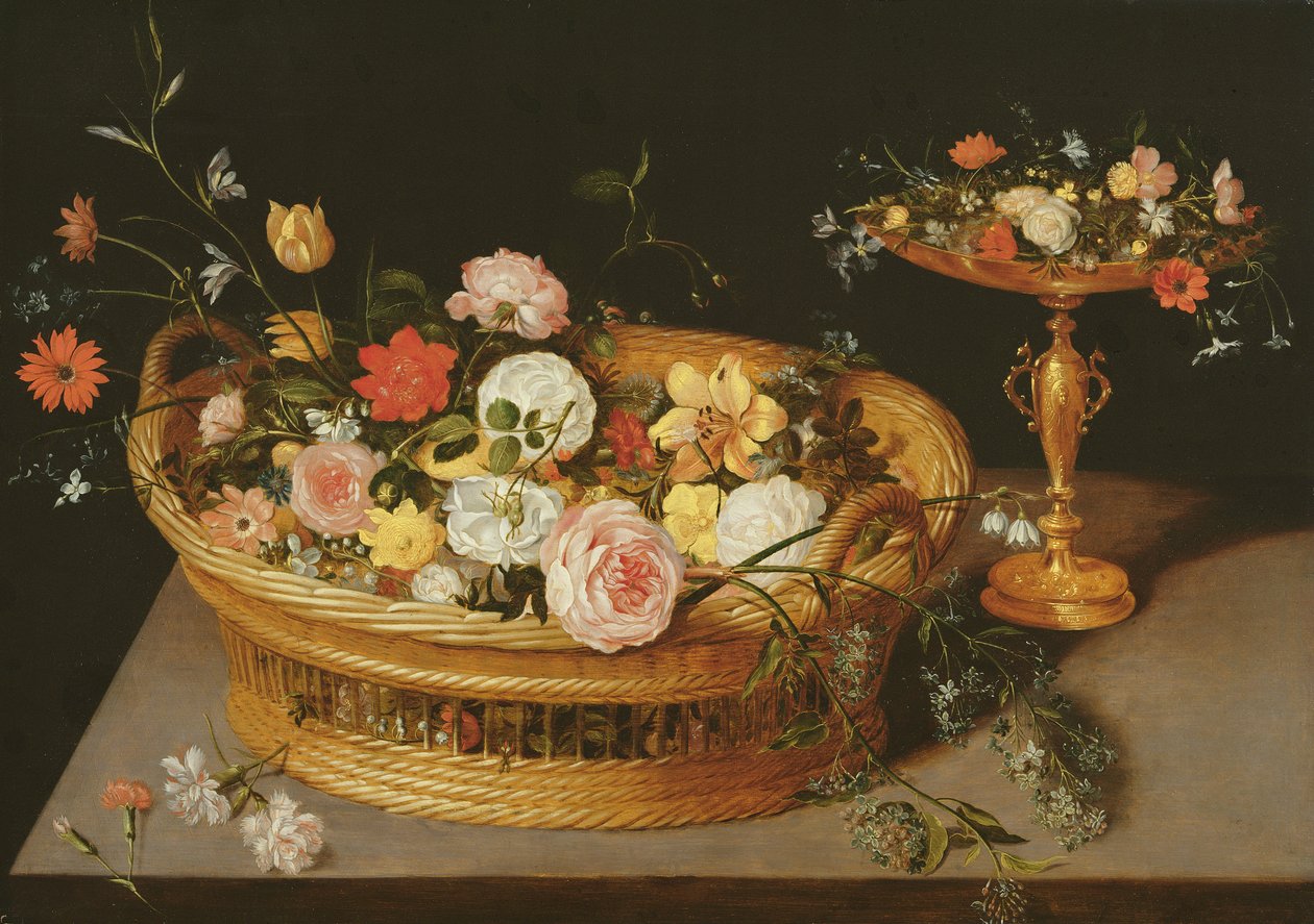 Ein Korb mit Blumen und einer Silbervergoldeten Tazza von Jan the Elder Brueghel