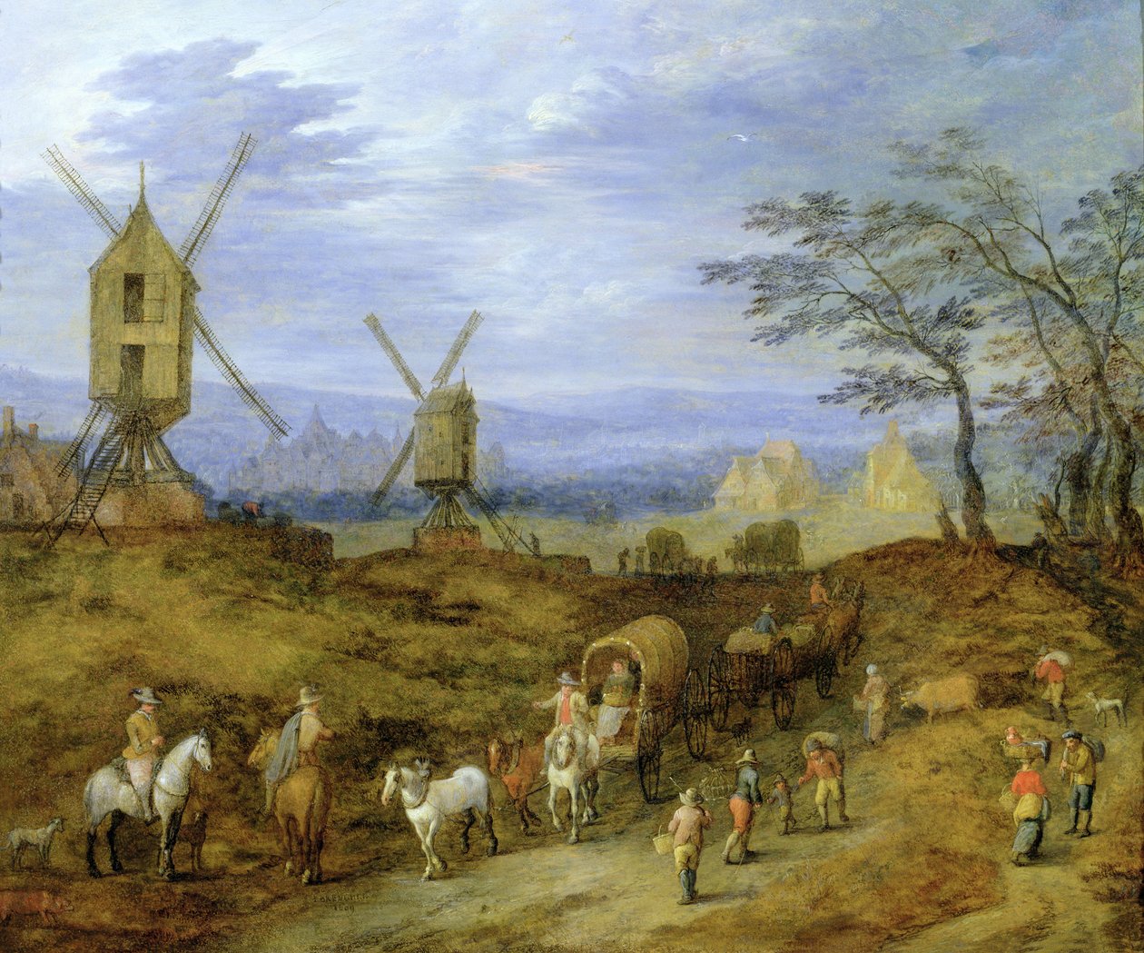 Landschaft mit Reisenden in der Nähe von Windmühlen von Jan Brueghel the Younger