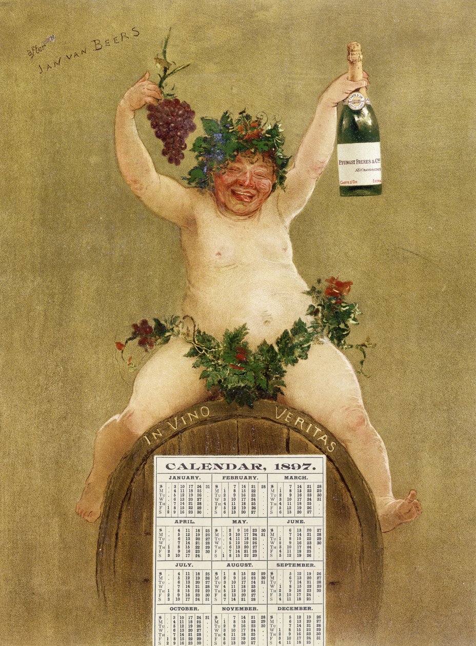 Werbekalender für Pfungst Freres Champagner, Darstellung von Bacchus auf einem Fass mit der Aufschrift 